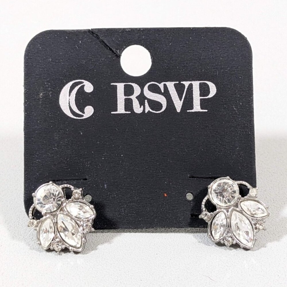 Charming Charlie RSPV Silver T Clear Crystal Navette Round‎ Pierced Earrings